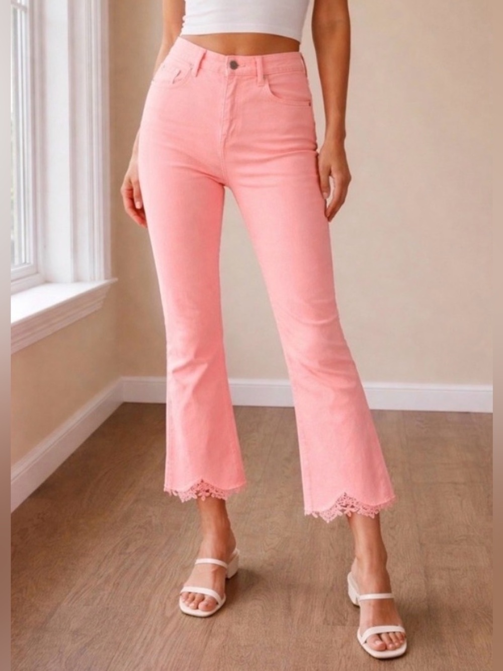 NWT J Brand Selena Raw Lace Hem Midrise Crop Boot Coronal Pink / Coral Size 26